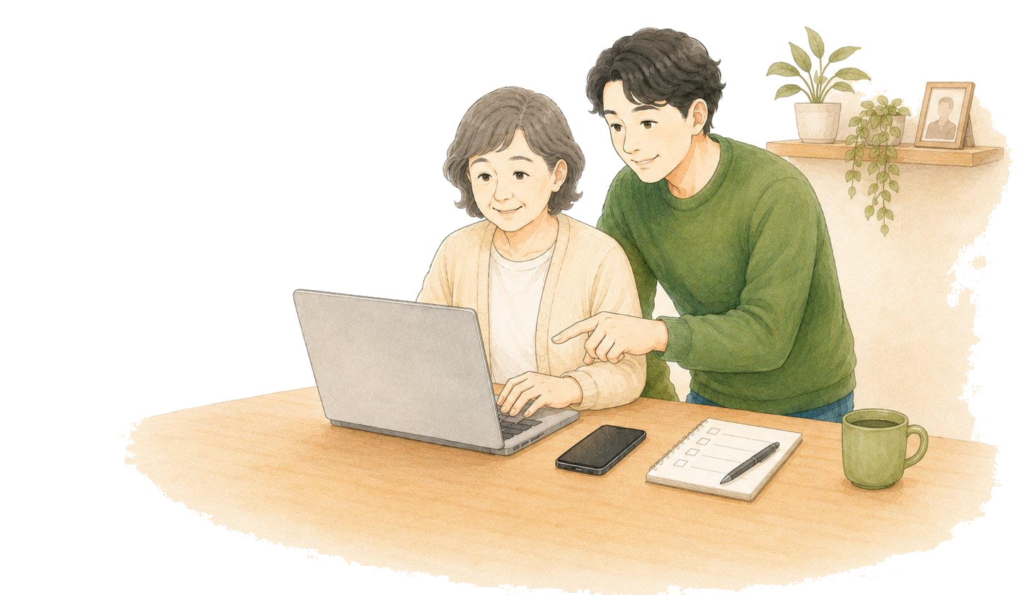 親世代と一緒にPCを使う様子のイラスト